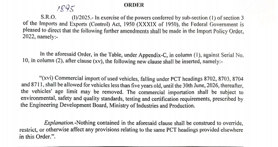MoC issues SRO for commercial import of less than 5 years old vehicles