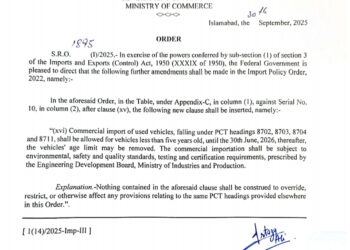 MoC issues SRO for commercial import of less than 5 years old vehicles